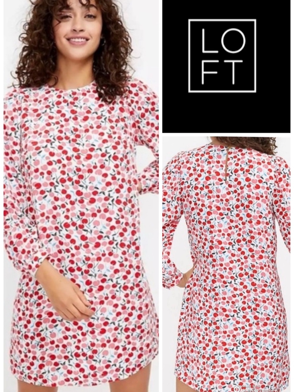 LOFT Cherries in the Snow Long Sleeve Shift Dress in Red & Pink